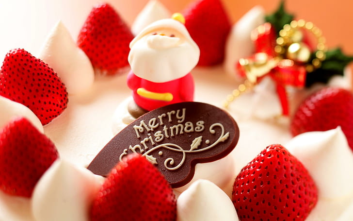 Merry Christmas Strawberry Dessert, kue frosting merah dan coklat putih, natal, selamat, makanan penutup, stroberi, Wallpaper HD