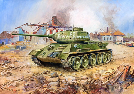 серый боевой танк обои, арт, танк, ВОВ, WW2, тридцать четыре, ДТ-29, Т-34-85, ЗИС-С-53, советский высотный крейсер, пулеметы, 2х7 62 мм, битва апрель-май 1945 г.., калибр орудия 85 мм, художник Дмитрий Дудчик., HD обои HD wallpaper