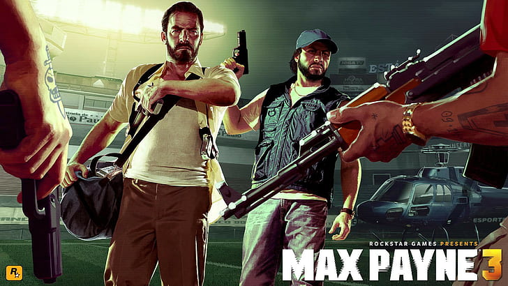 Max Payne 3 Video Game, Max Payne 3, weapon, Deal, Helicopter, Football Field, money, bandits, watch, Desert Eagle pistols, submachine guns, Max, Rockstar Games, tattoos, HD wallpaper