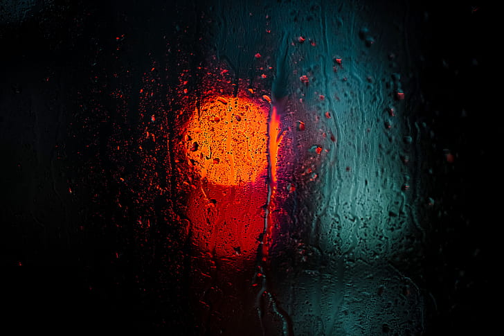 sfondo nero, minimalismo, luci, gocce d'acqua, profondità di campo, bokeh, acqua su vetro, sfocato, arancia, pioggia, Sfondo HD