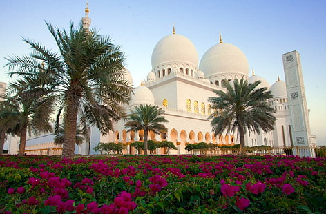 Mosques, Sheikh Zayed Grand Mosque, Abu Dhabi, Flower, Palm Tree, HD wallpaper HD wallpaper