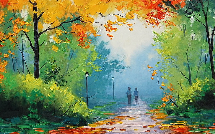 木のイラスト、絵画、秋、公園の間の道路を歩く2人の幼児、 HDデスクトップの壁紙