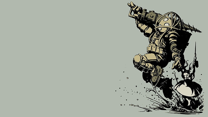 astronaut carrying drilling tool artwork, BioShock, Big Daddy, Little Sister, video games, HD wallpaper
