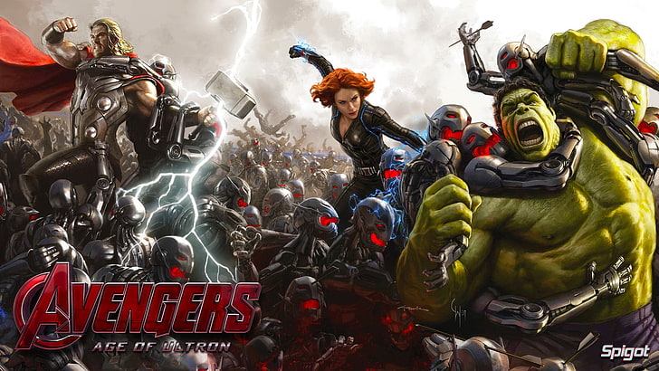 Avengers Age of Ultron fond d'écran numérique, concept art, films, Avengers: Age of Ultron, super héros, bataille, Hulk, Thor, Black Widow, foudre, The Avengers, Mjolnir, oeuvre d'art, Scarlett Johansson, Fond d'écran HD