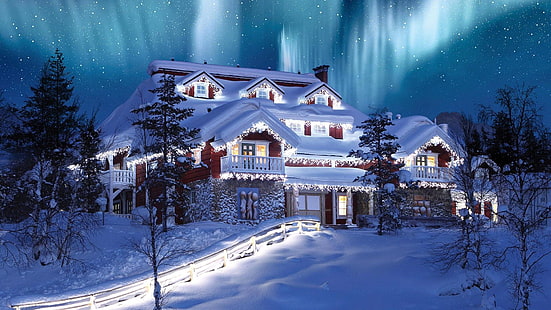 aurora, europa, saariselka, natale, cielo stellato, notte, aurora boreale, finlandia, aurora boreale, decorazioni natalizie, inverno, natale, luci natalizie, luci polari, casa, notte stellata, casa, neve, blu, Sfondo HD HD wallpaper