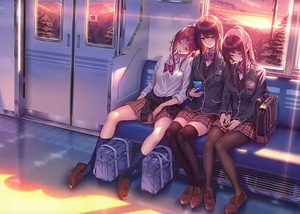 anime kızlar, piromizu, kız öğrenci, okul üniforması, siyah uyluk-yüksekler, siyah külotlu çorap, HD masaüstü duvar kağıdı HD wallpaper