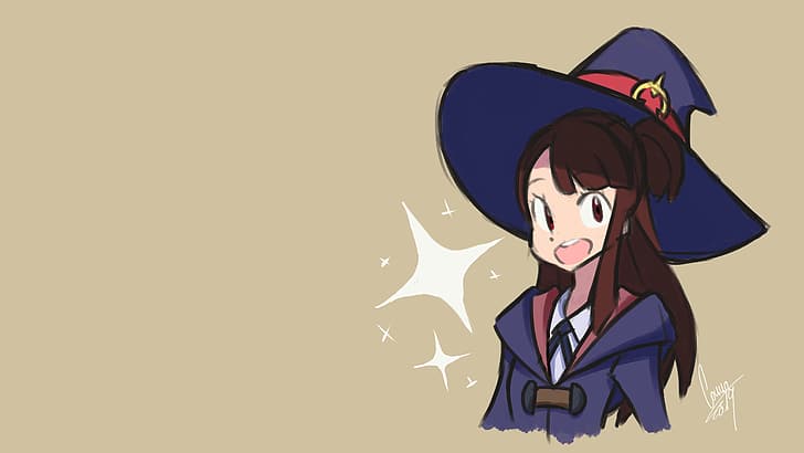 Little Witch Academia, Luna Nova uniform, witch hat, witch, Kagari Atsuko, Wide-Brimmed Hat, robes, white shirt, collared shirt, black ribbons, sidelocks, brunette, anime girls, brown eyes, long hair, open mouth, sketches, simple background, minimalism, stars, HD wallpaper