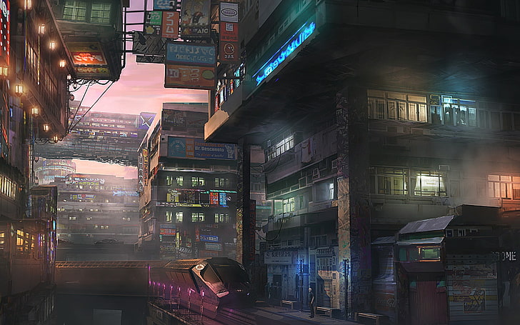 gray concrete building illustration, futuristic, train, signs, lantern, futuristic city, HD wallpaper