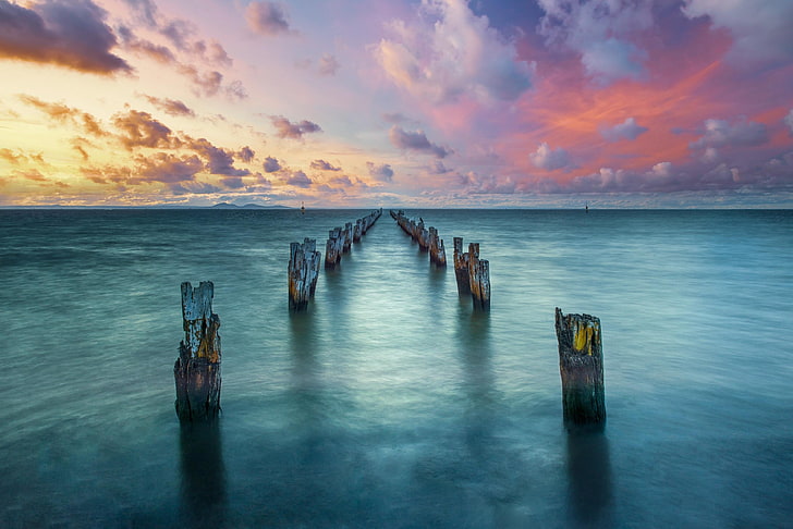 body of water, jetty, sea, clouds, sky, landscape, nature, HD wallpaper