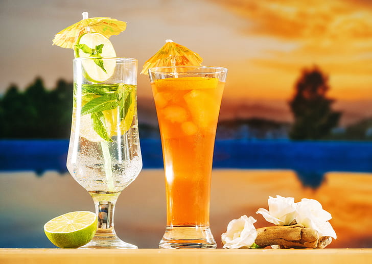 pantai, musim panas, menginap, koktail, es, minuman, liburan, segar, buah, minuman, mojito, tropis, Wallpaper HD