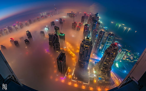 Dubai Stadt, Hubschrauber, schwarz und braun Gebäude, Dubai, Stadt, Himmel, Hubschrauber, Nebel, Gebäude, Beleuchtung, schwarz, weiß, rot, orange, gelb, blau, grün, rosa, lila, HD-Hintergrundbild HD wallpaper