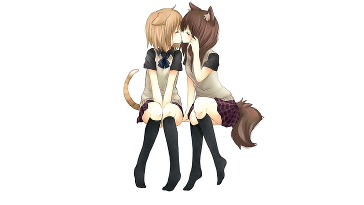 papel de parede de anime de duas garotas, lésbicas, anime girls, nekomimi, personagens originais, HD papel de parede