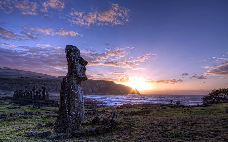estatua de maoai gris, isla, figuras, ídolos, piedra, tarde, declive, Fondo de pantalla HD