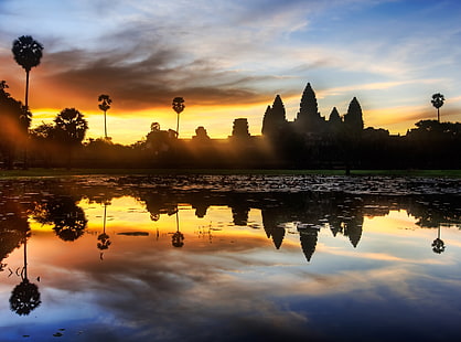 Sunrise Discovery of Angkor Wat, panoramic silhouette Angkor Wat, Cambodia, Asia, Others, Sunset, Cambogia, HD wallpaper HD wallpaper