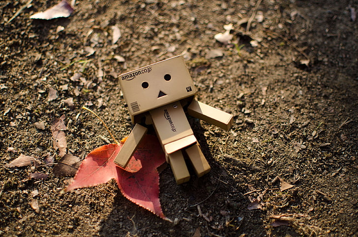 autumn leaf, cardboard, cute, dirt, dried leaves, ground, leaf, little, maple leaf, miniature toy, robot, soil, toy, HD wallpaper