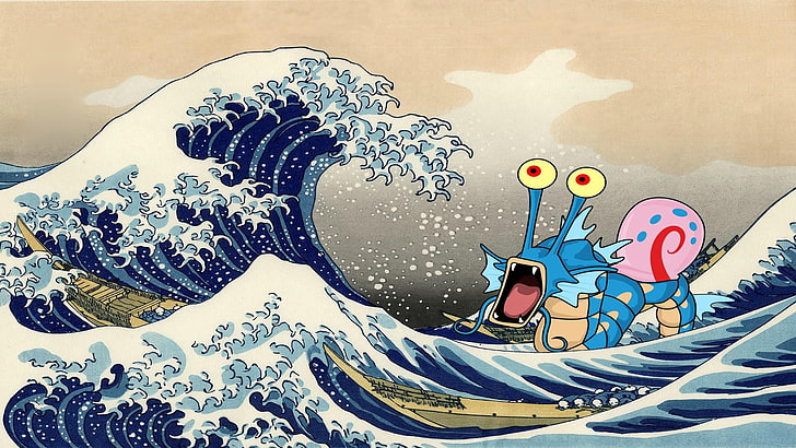 Голямата вълна на Канагава живопис, Gyarados, Gary, The Great Wave off Kanagawa, хумор, HD тапет