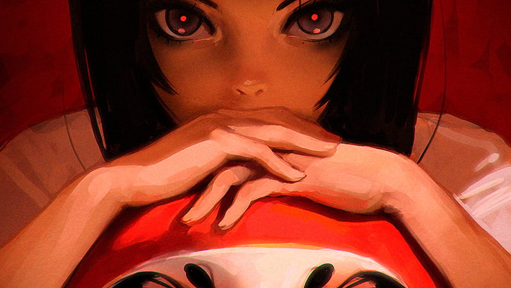 czarnowłosa dziewczyna postać z anime ilustracja, sztuka fantasy, czerwone tło, Ilya Kuvshinov, Tapety HD