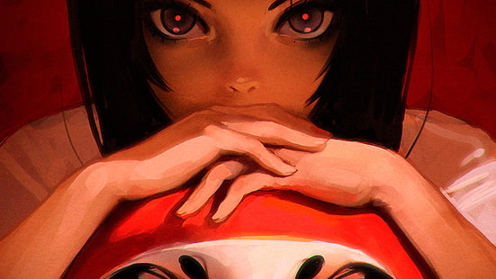черноволосая девушка аниме персонаж иллюстрация, фэнтези арт, красный фон, илья кувшинов, HD обои HD wallpaper