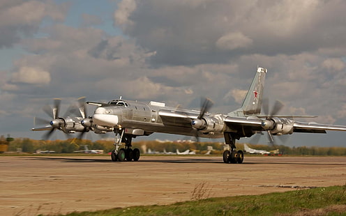 gray plane, bomber, BBC, strategic, Tupolev, Russia, Soviet, Tu-95MS, nickname, turboprop, Intercontinental, missile., Bear, HD wallpaper HD wallpaper