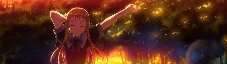 gadis anime, pakaian, pirang, hutan, matahari terbenam, Wallpaper HD