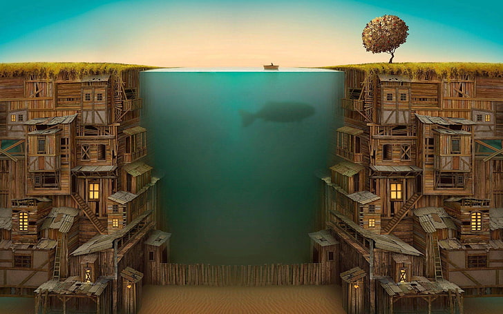 Boot auf Gewässer Illustration, geteilte Ansicht, abstrakt, Fisch, Gediminas Pranckevičius, Owl City, Albumcover, HD-Hintergrundbild