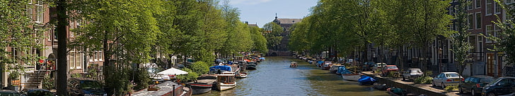 Amsterdam, Netherlands, Dutch, boat, canal, water, trees, summer, nature, city, Europe, panorama, HD wallpaper