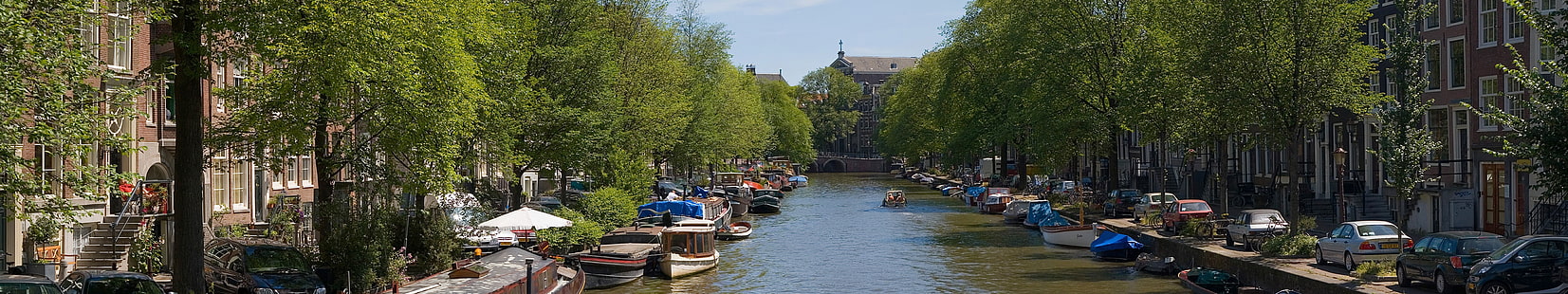 Амстердам, Нидерланды, Голландия, лодка, канал, вода, деревья, лето, природа, город, Европа, панорама, HD обои HD wallpaper