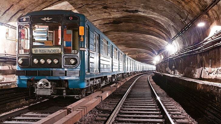 синий поезд, поезд, железная дорога, метро, HD обои