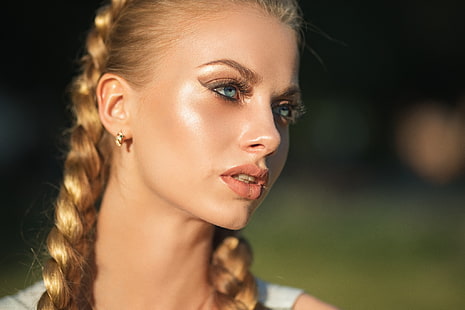 ansikte, Dmitry Shulgin, modell, kvinnor, blå ögon, flätor, blondin, skärpedjup, HD tapet HD wallpaper