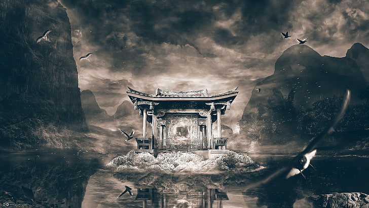 gray temple wallpaper, temple, fantasy art, Desktopography, building, HD wallpaper