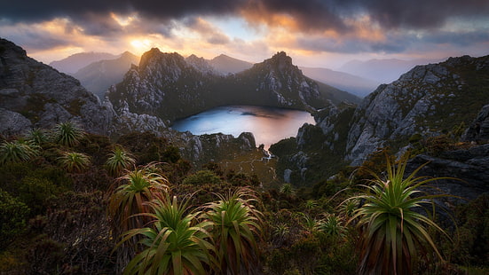 Jord, landskap, sjö, Oberon-sjön, berg, Tasmanien, HD tapet HD wallpaper