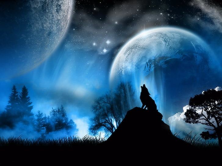 หมาป่าหอนภายใต้วอลล์เปเปอร์ดวงจันทร์แสงจันทร์หมาป่าแฟนตาซี, วอลล์เปเปอร์ HD