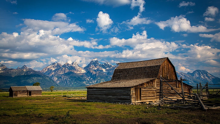 nature, landscape, building, clouds, Grand Teton National Park, wood, house, Wyoming, USA, mountains, snowy peak, field, grass, trees, fence, HD wallpaper