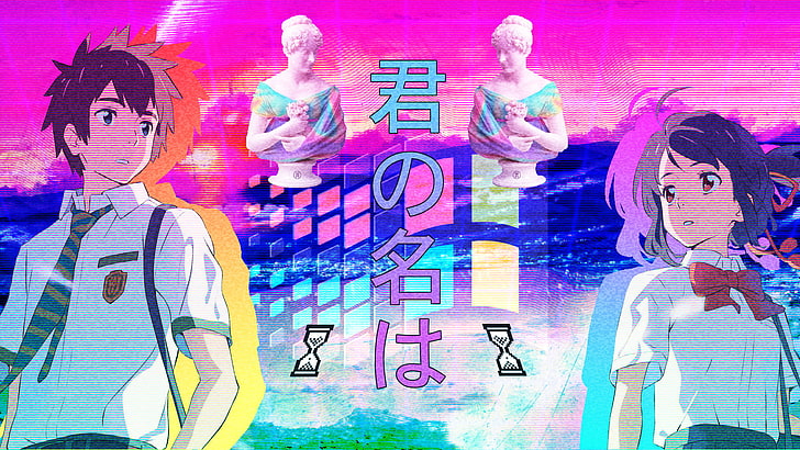 vaporwave, gadis anime, Namamu, Kimi no Na Wa, Tachibana Taki, Miyamizu Mitsuha, Wallpaper HD