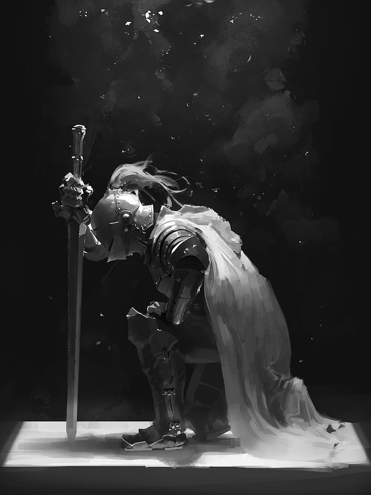 niveaux de gris de chevalier agenouillé tenant un papier peint épée, armure, dessin, arme, épée, art fantastique, monochrome, chevalier, Fond d'écran HD, fond d'écran de téléphone