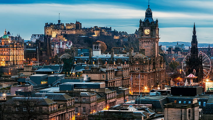 Шотландия, сграда, архитектура, Единбург, градски пейзаж, град, замък, Великобритания, часовникова кула, HD тапет