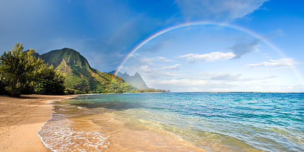 spiaggia, spiaggia, arcobaleni, mare, montagne, alberi, sabbia, Hawaii, isola, nuvole, natura, paesaggio, Sfondo HD HD wallpaper