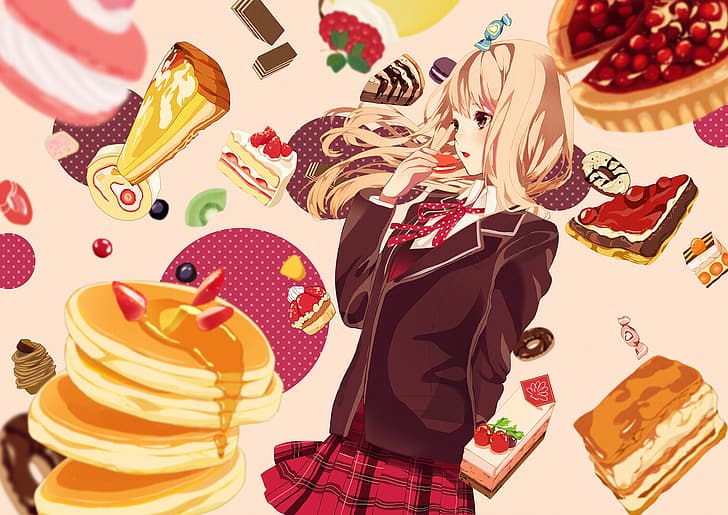 anime, anime girls, cake, pancakes, food, brown eyes, pie, strawberries, candy, waffles, red currant, school uniform, long hair, HD wallpaper
