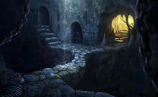 Grotta, fantasia, buio, muro di cemento grigio, grotta, fantasia, buio, Sfondo HD HD wallpaper