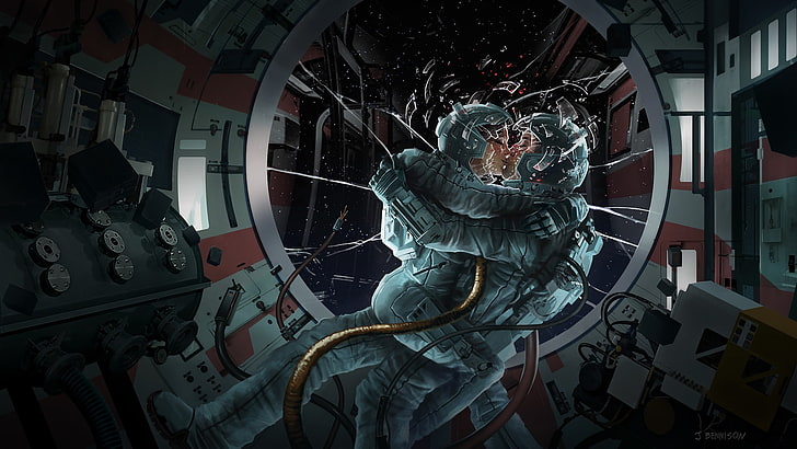 zwei Astronauten digitale Tapete, Raum, Fenster, Raumanzug, Sterne, Kunstwerk, Astronaut, HD-Hintergrundbild