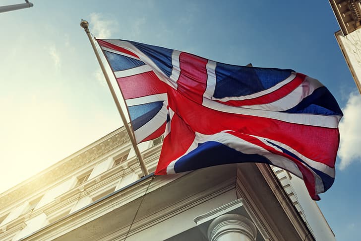 Union Jack, London, England, Britain, flag, British, building, clear sky, union flag, blue, red, HD wallpaper