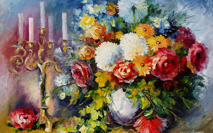 Afremov, arte, bouquet, candele, fiori, Leonid, vita, ancora, vaso, Sfondo HD