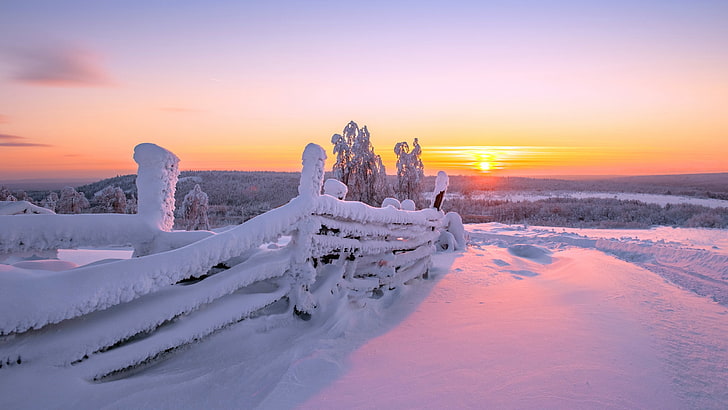 photo of sunrise, sunset, winter, fence, landscape, HD wallpaper