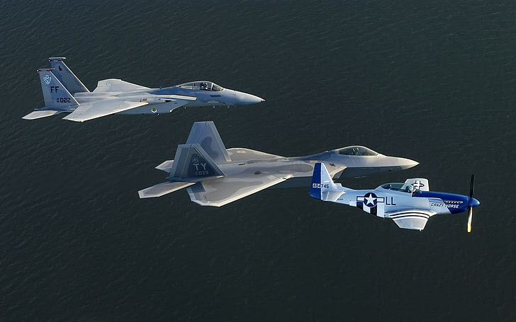 3 개의 회색 TY 및 FF 전투 비행기, 전투기, 비행기, F22, HD 배경 화면