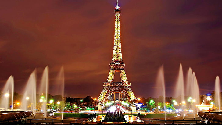 нощен изглед, Айфелова кула, Париж, фонтани, нощ, Европа, небе, HD тапет