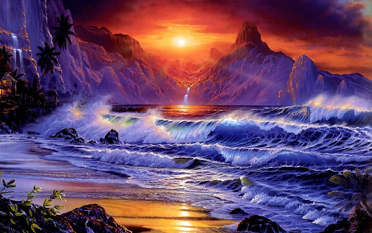 Sonnenuntergang-Meer-Ufer Meer-Wellen-Rocky Mountains rote Himmel-dunkle Wolke Schöne HD Wallpaper, HD-Hintergrundbild