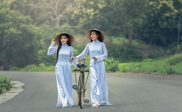 Asian, bicycle, women, Chinese clothing, vietnamese, HD wallpaper