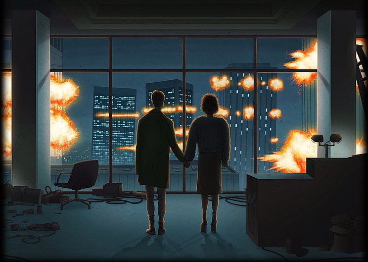 man and woman holding hands silhouette photo, artwork, movies, Fight Club, explosion, holding hands, HD wallpaper