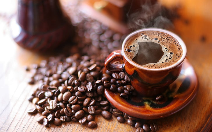 brown mug, coffee, coffee beans, breakfast, cup, brown, food, HD wallpaper