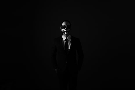 маска, анонимен, bw, вратовръзка, костюм яке, риза, тъмно, HD тапет HD wallpaper